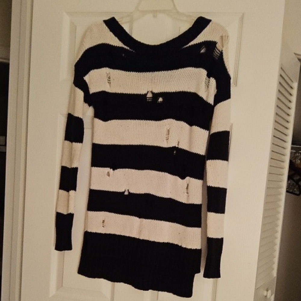 Express Black and White Crew Neck Distressed Swester with Nautical Stripes